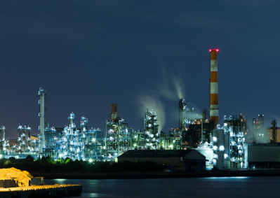 oil refinery at night